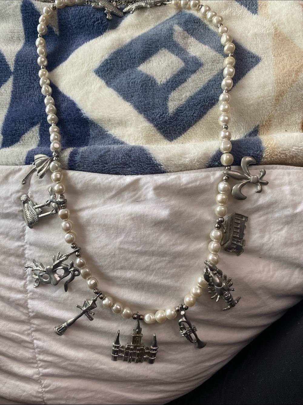 Maurice Milleur New Orleans Pearl Charm Necklace Pewter Freshwater Pearls